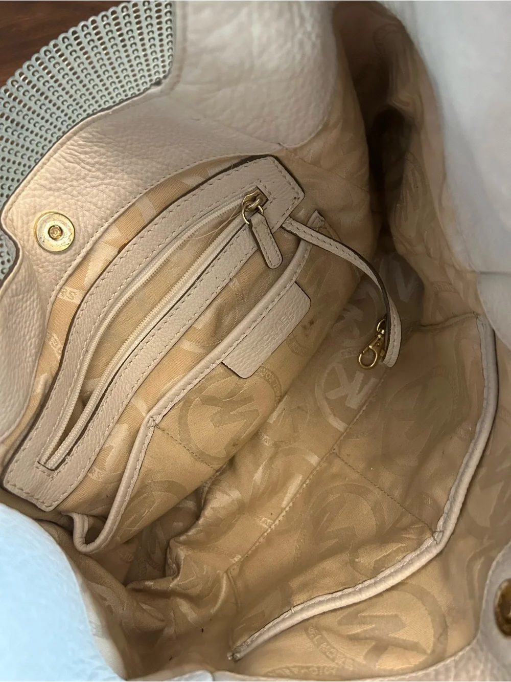 Michael Kors Beige Leather Shoulder Hobo Bag with Gold MK Logo